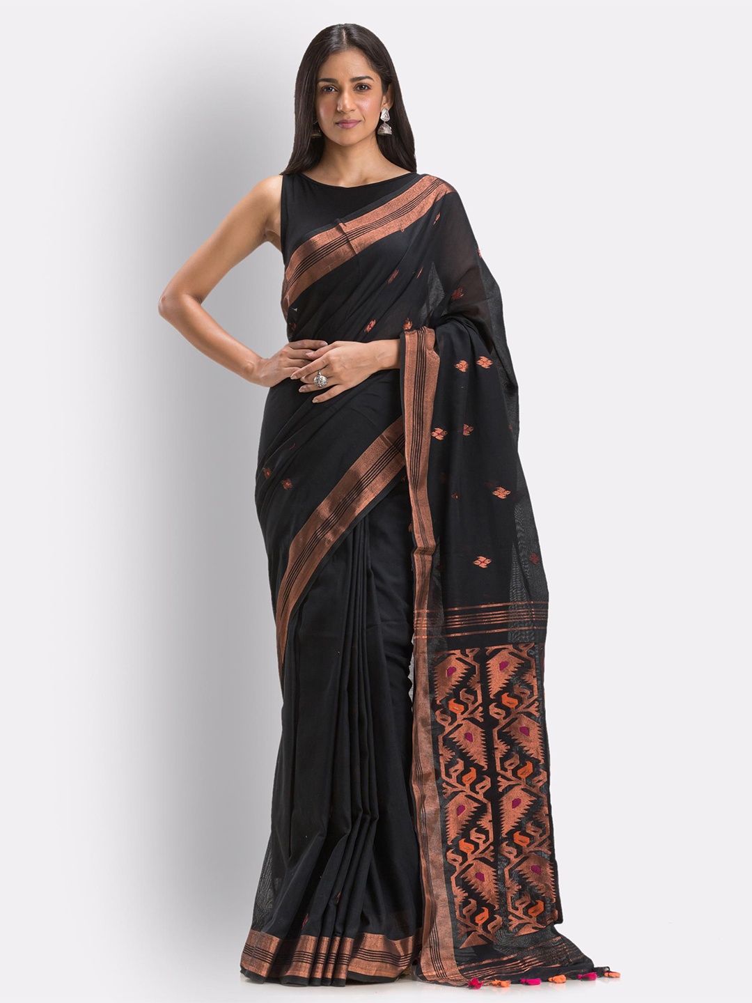 

Angoshobha Ethnic Motifs Woven Design Zari Pure Cotton Saree, Black