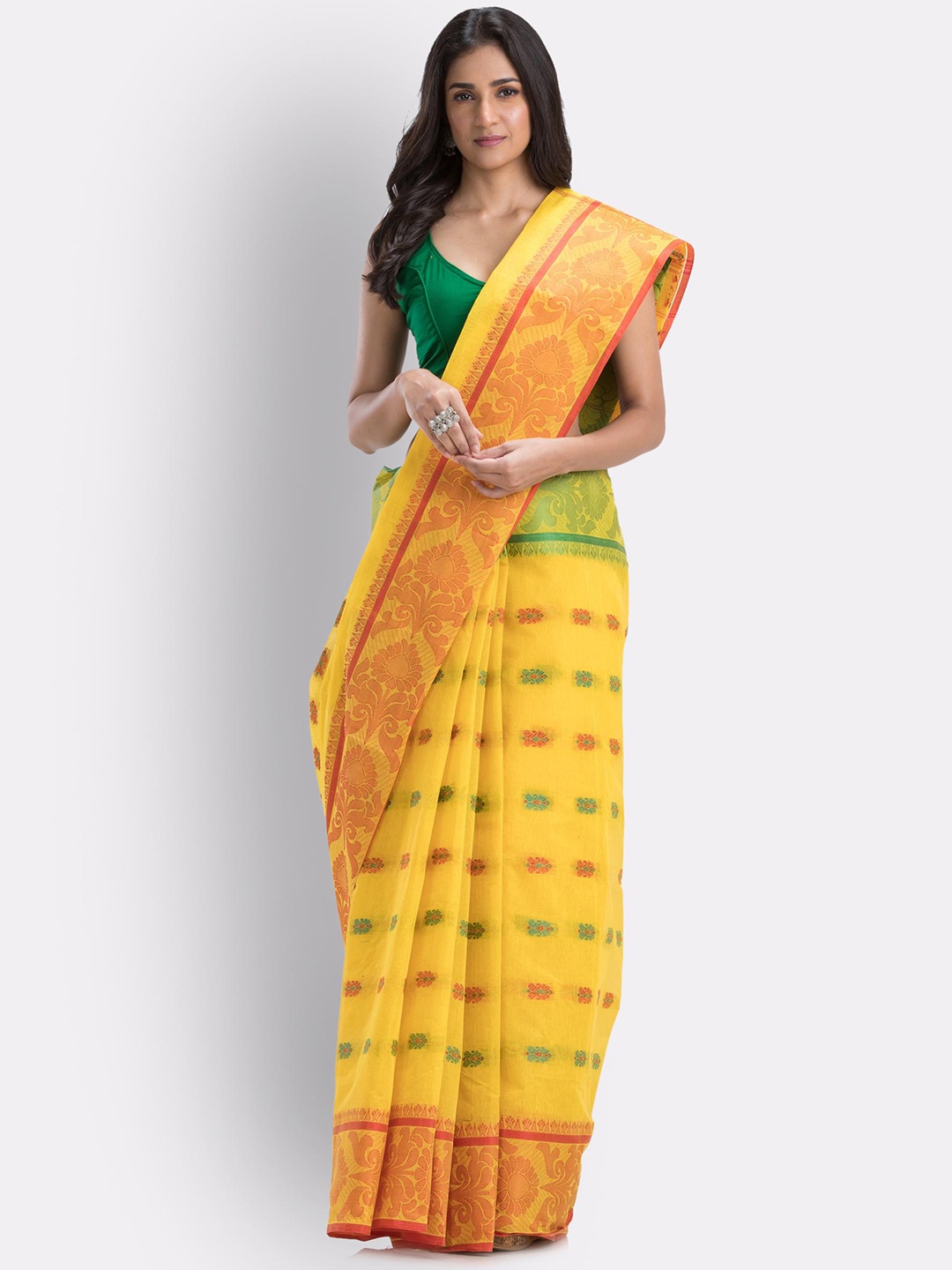 

Angoshobha Ethnic Motifs Woven Design Pure Cotton Taant Saree, Yellow