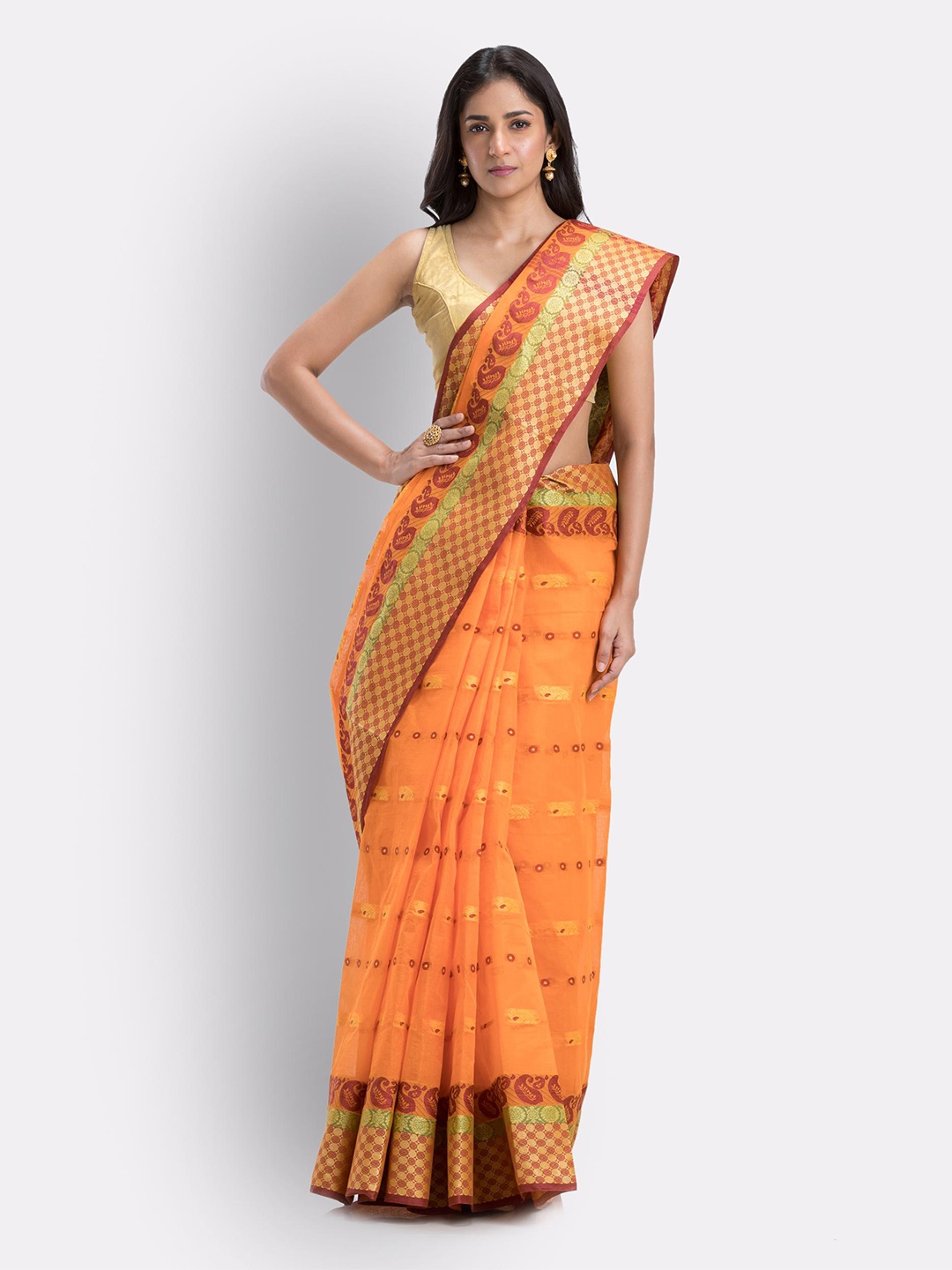 

Angoshobha Paisley Woven Design Pure Cotton Taant Saree, Orange