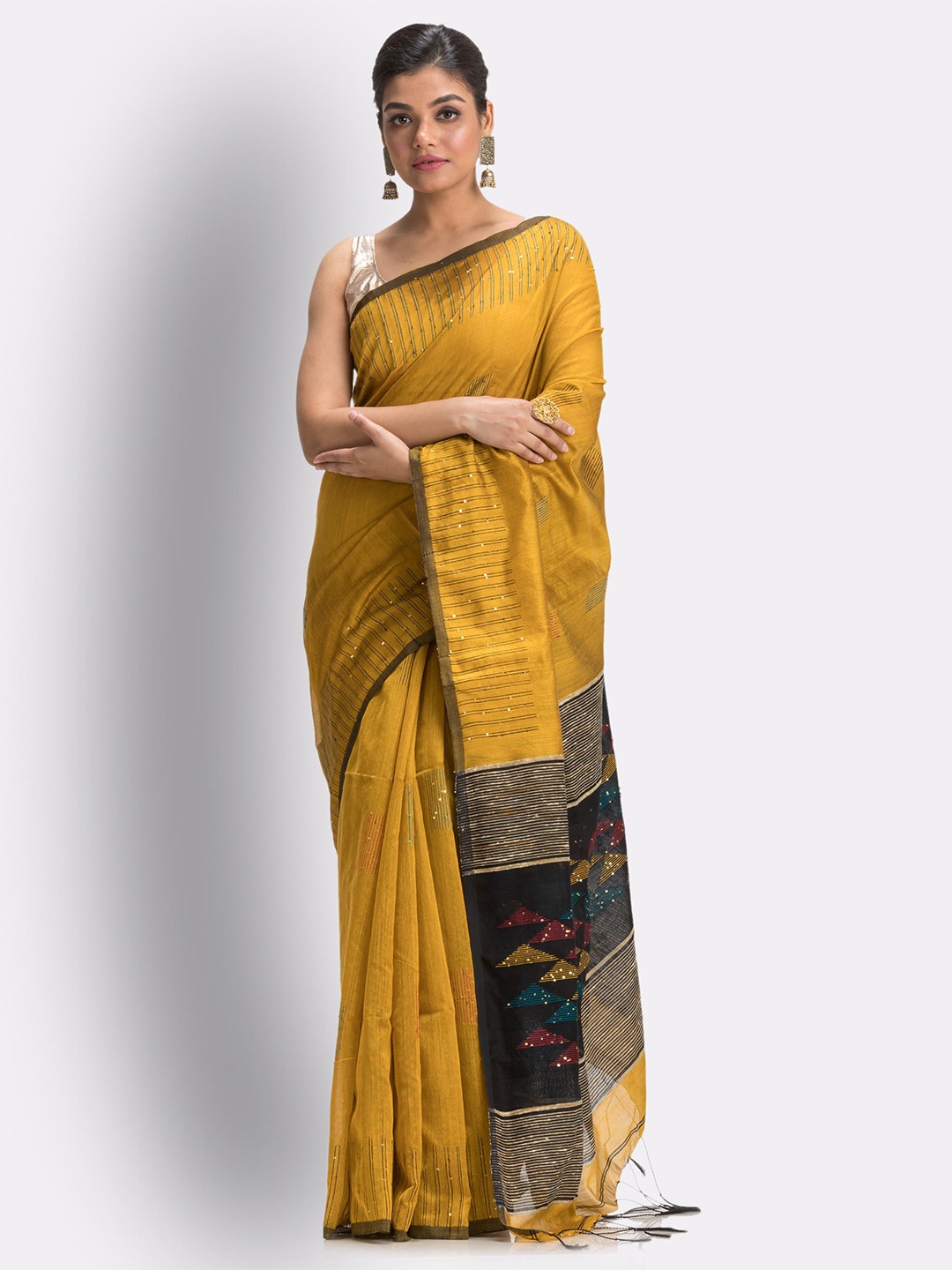 

Angoshobha Geometric Woven Design Sequinned Jamdani Saree, Yellow