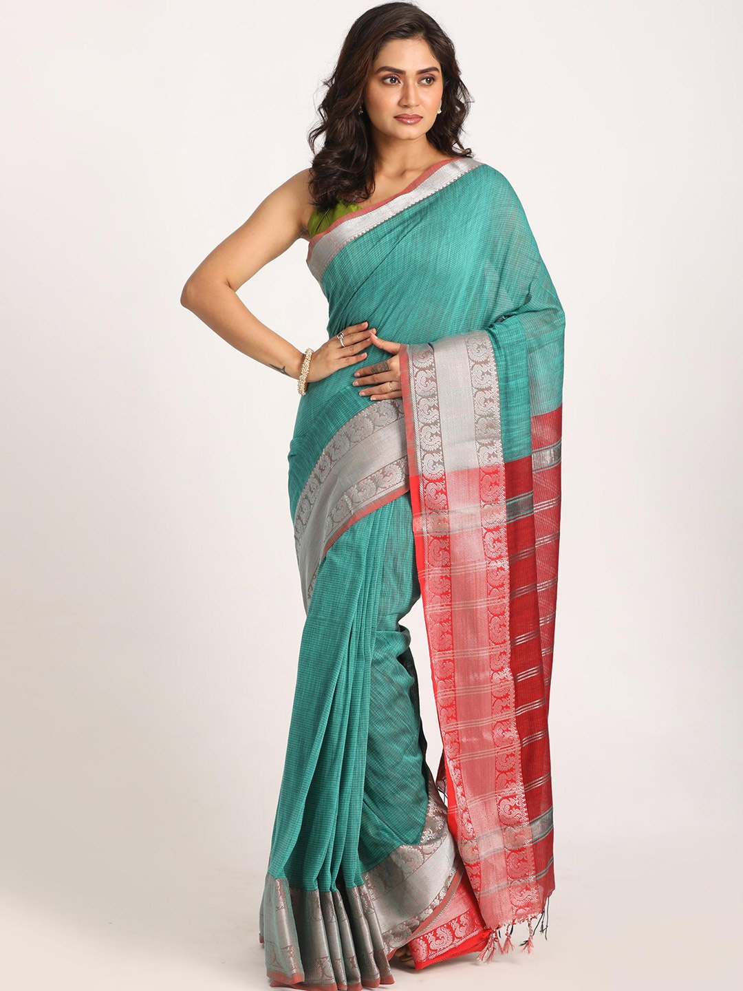 

Angoshobha Ethnic Motifs Woven Design Pure Cotton Saree, Teal