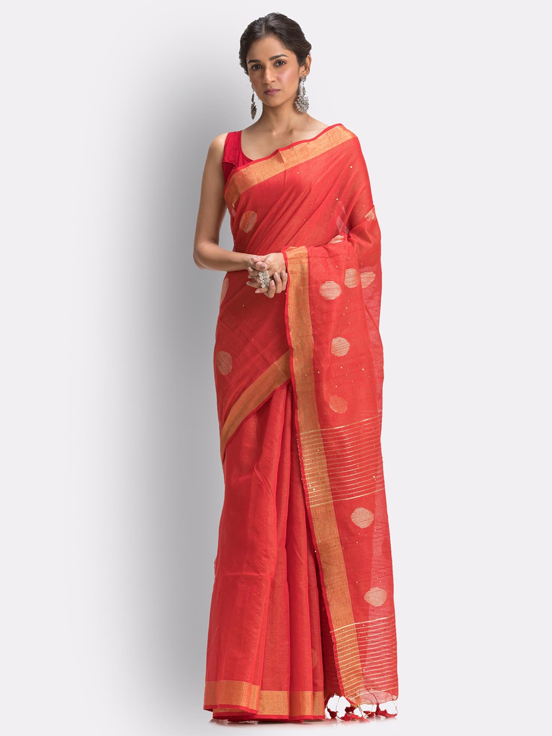 

Angoshobha Ethnic Motifs Woven Design Zari Jamdani Saree, Red