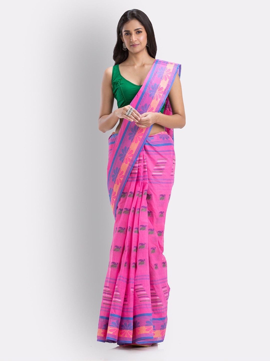

Angoshobha Floral Woven Design Pure Cotton Taant Saree, Pink