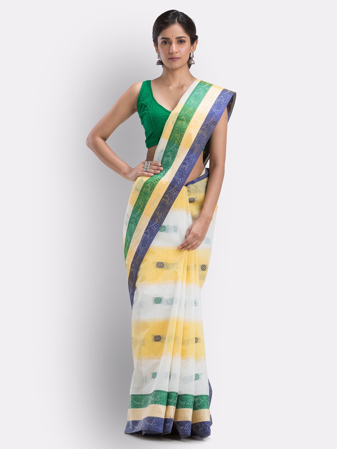 

Angoshobha Striped Pure Cotton Taant Saree, White