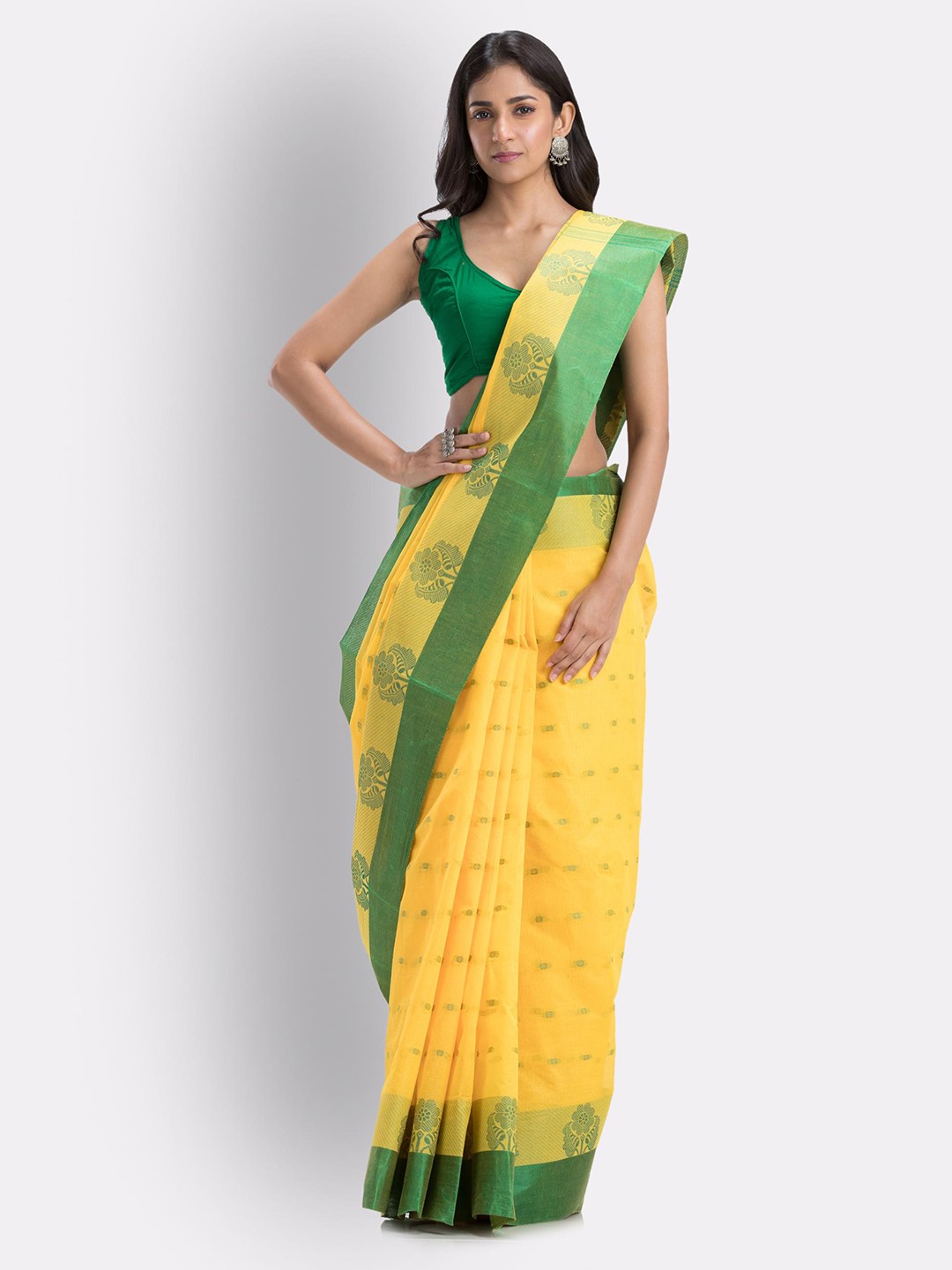 

Angoshobha Floral Woven Design Pure Cotton Taant Saree, Yellow