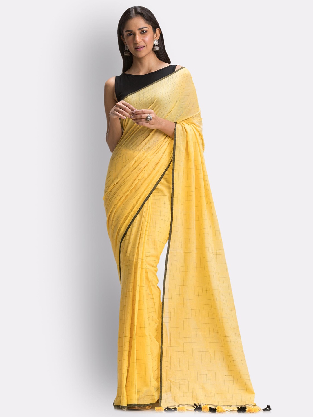 

Angoshobha Checked Pure Cotton Saree, Yellow