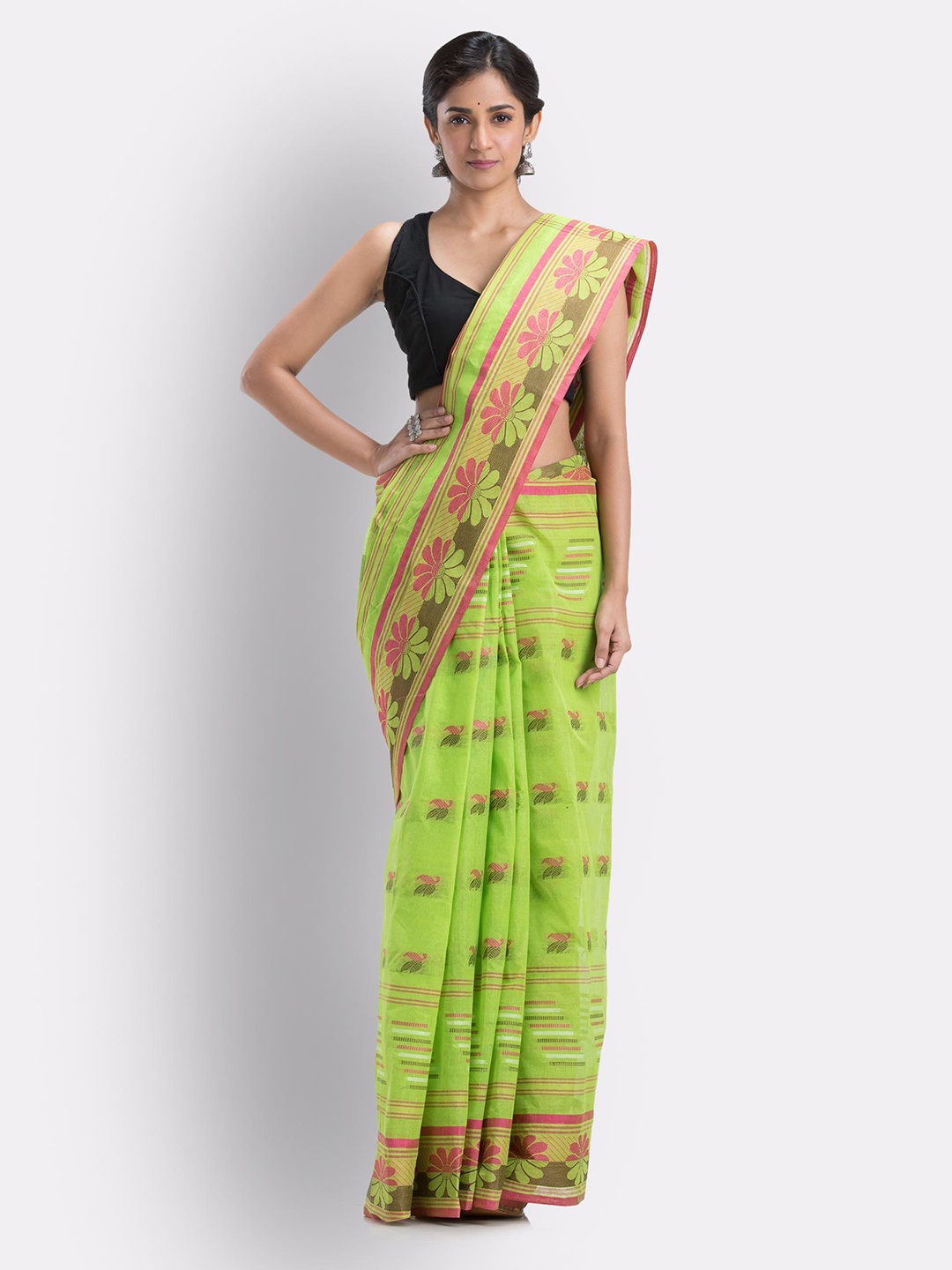 

Angoshobha Floral Woven Design Pure Cotton Taant Saree, Green