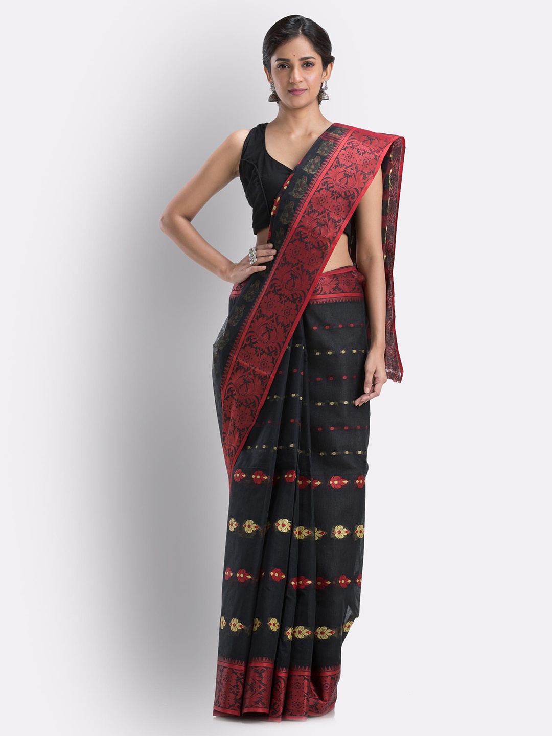 

Angoshobha Ethnic Motifs Woven Design Pure Cotton Taant Saree, Black