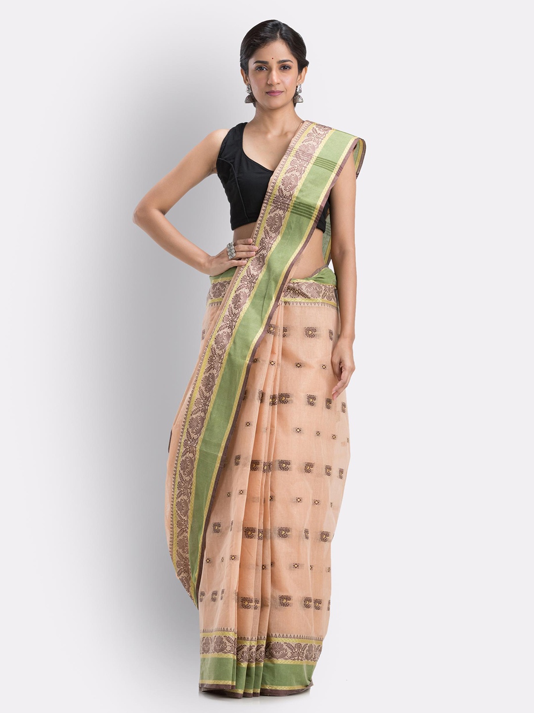 

Angoshobha Ethnic Motifs Woven Design Pure Cotton Taant Saree, Beige