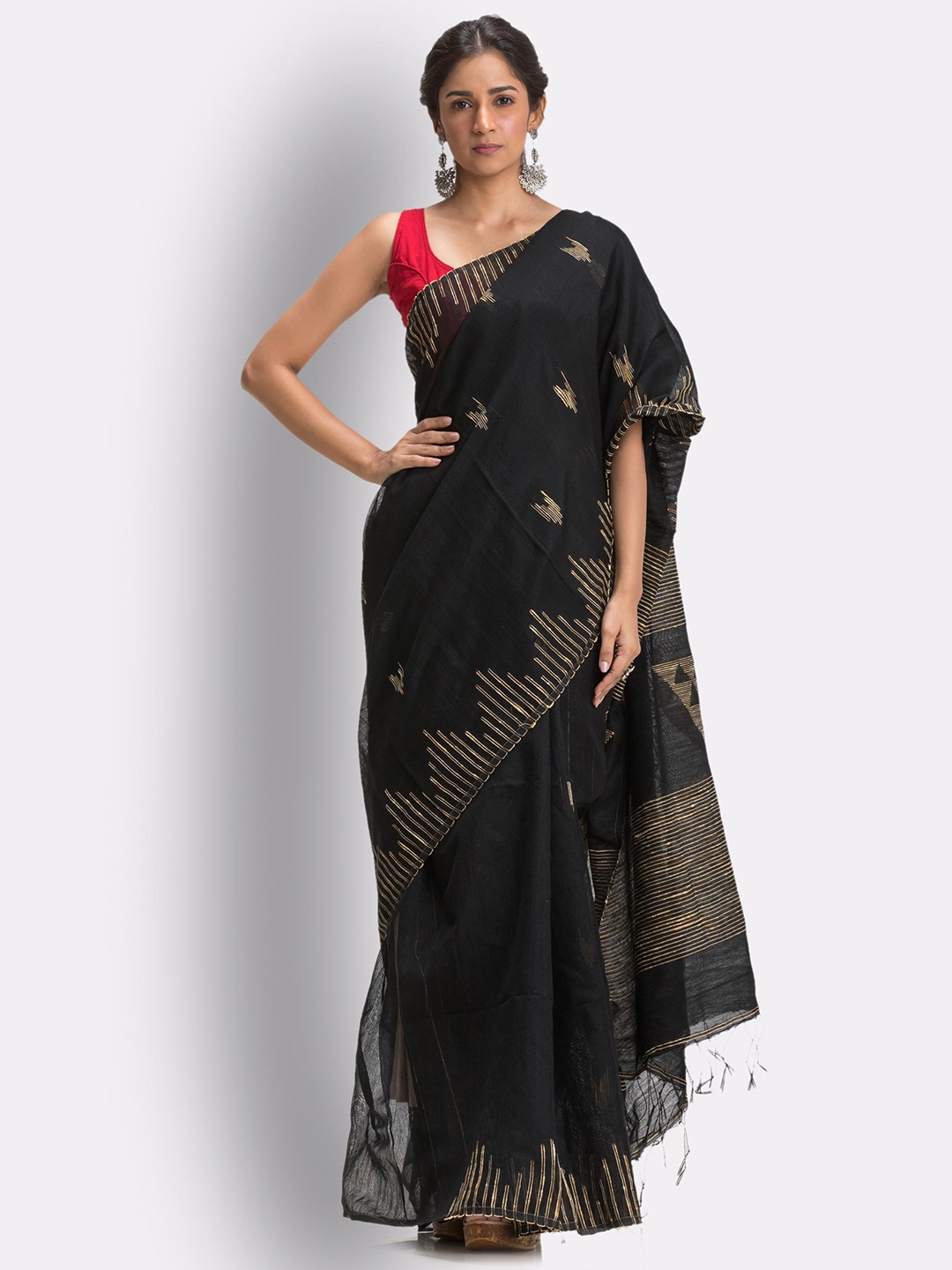 

Angoshobha Geometric Woven Design Sequinned Jamdani Saree, Black