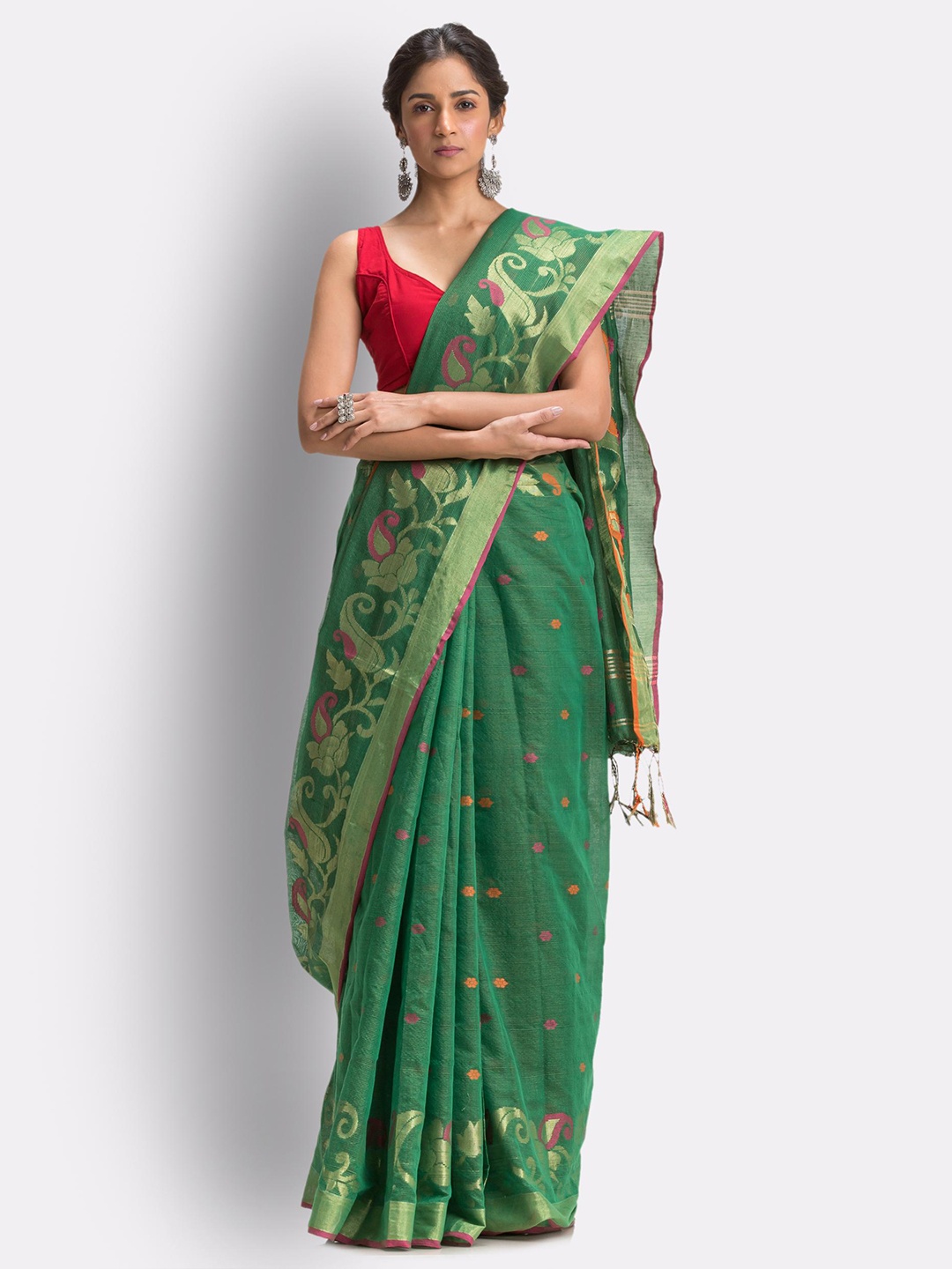 

Angoshobha Floral Woven Design Zari Saree, Green