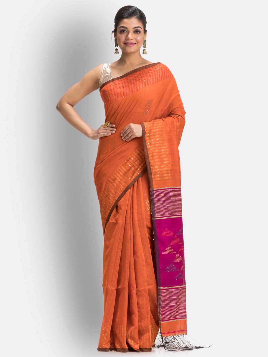 

Angoshobha Geometric Woven Design Sequinned Jamdani Saree, Orange