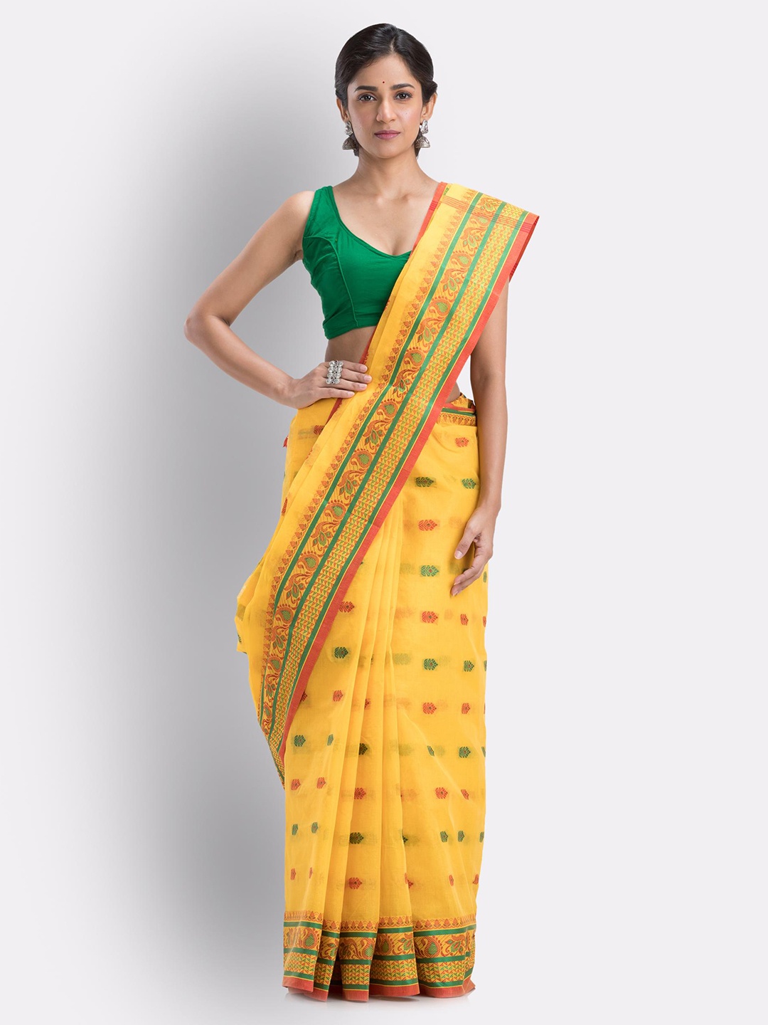 

Angoshobha Ethnic Motifs Woven Design Pure Cotton Taant Saree, Yellow