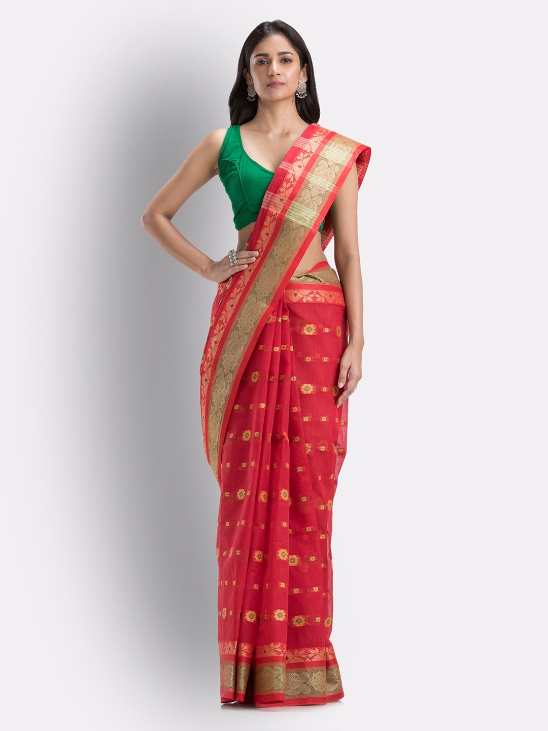 

Angoshobha Floral Woven Design Pure Cotton Saree, Red