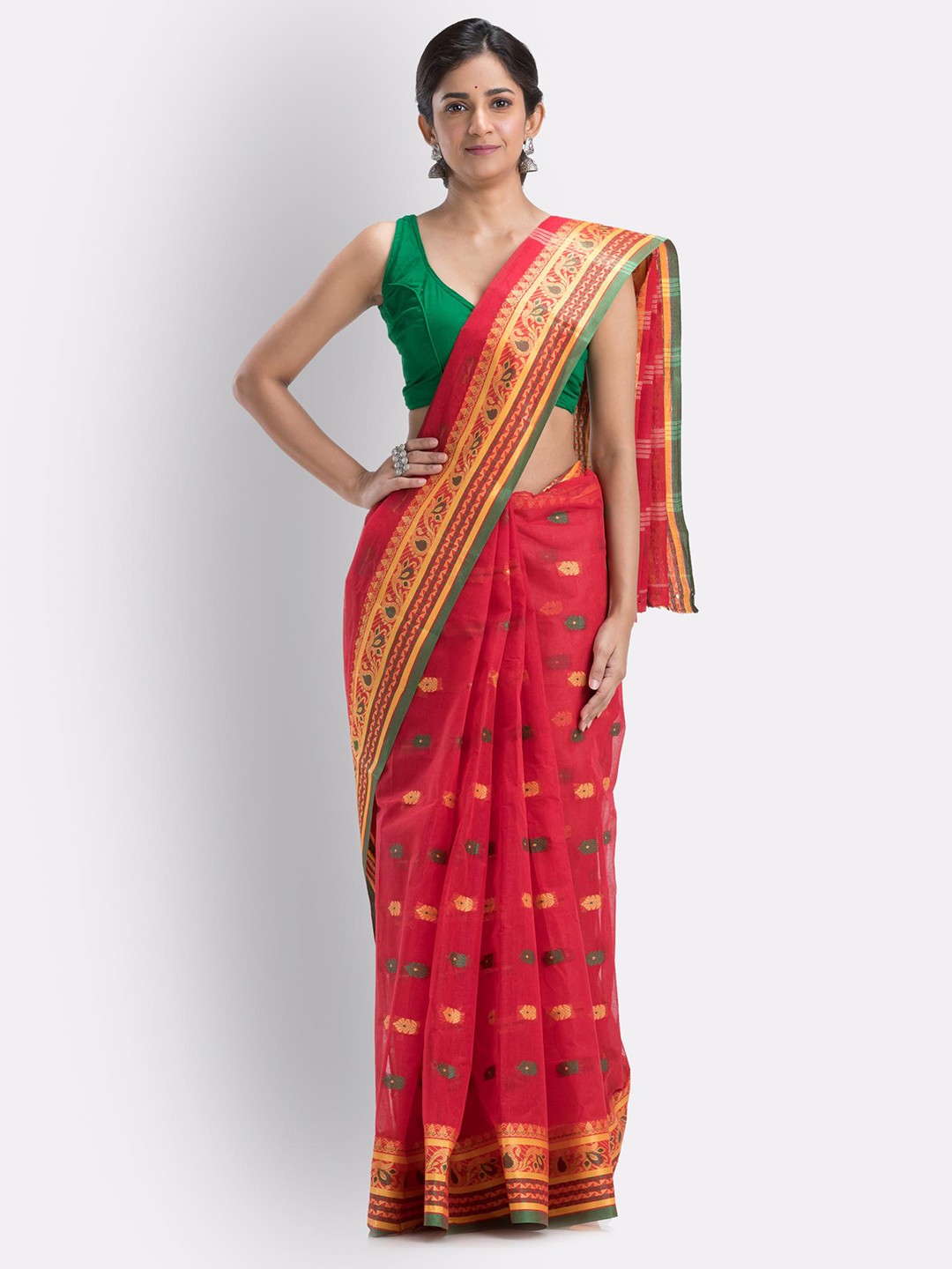 

Angoshobha Ethnic Motifs Woven Design Pure Cotton Saree, Red