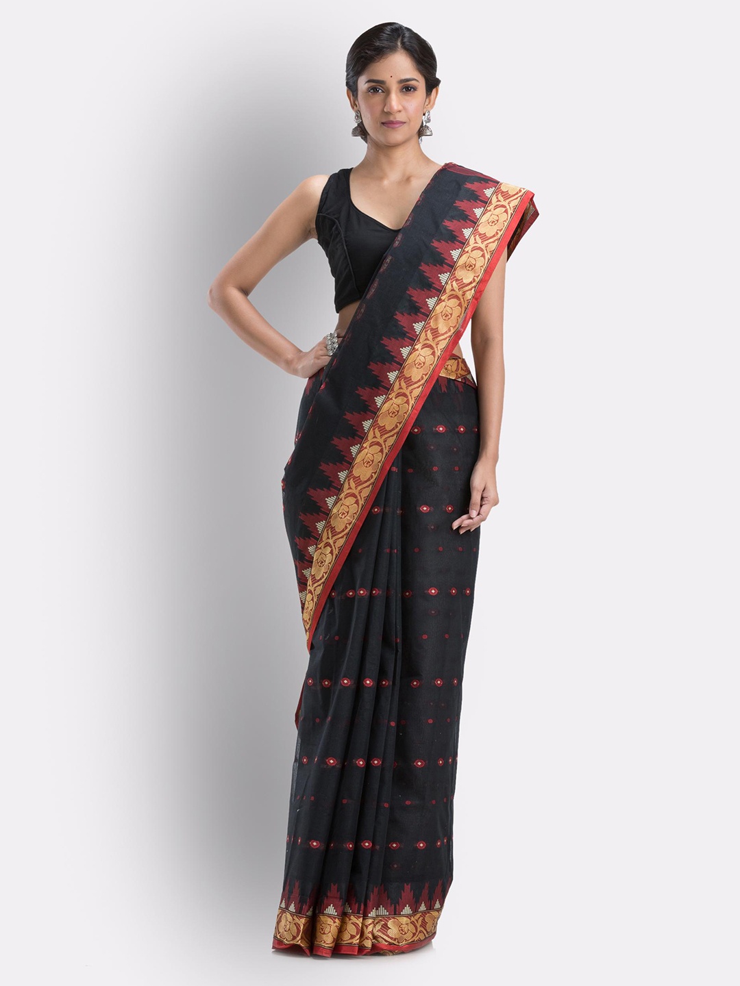 

Angoshobha Geometric Woven Design Pure Cotton Taant Saree, Black