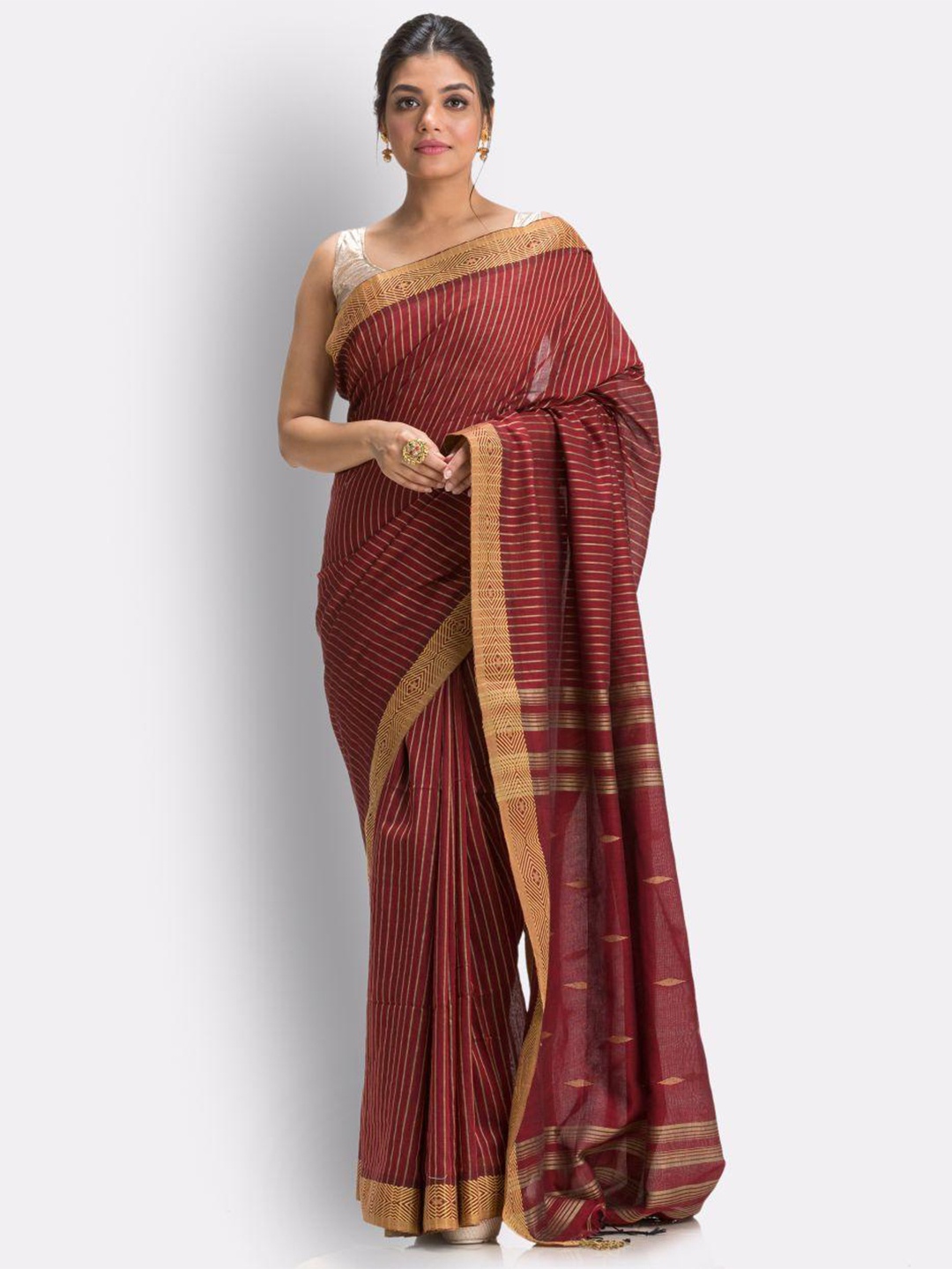 

Angoshobha Striped Pure Cotton Saree, Maroon