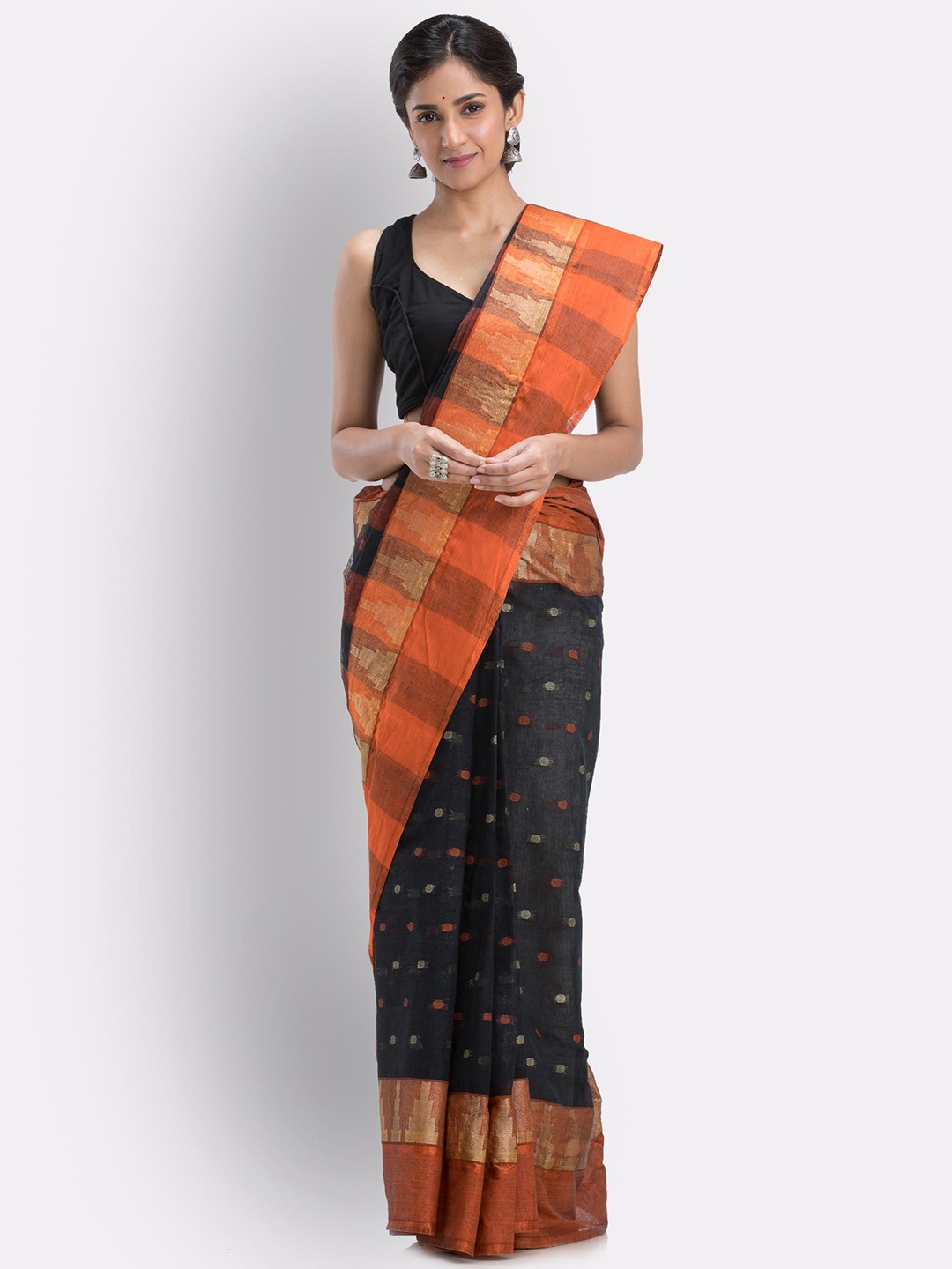 

Angoshobha Polka Dot Woven Design Pure Cotton Taant Saree, Black