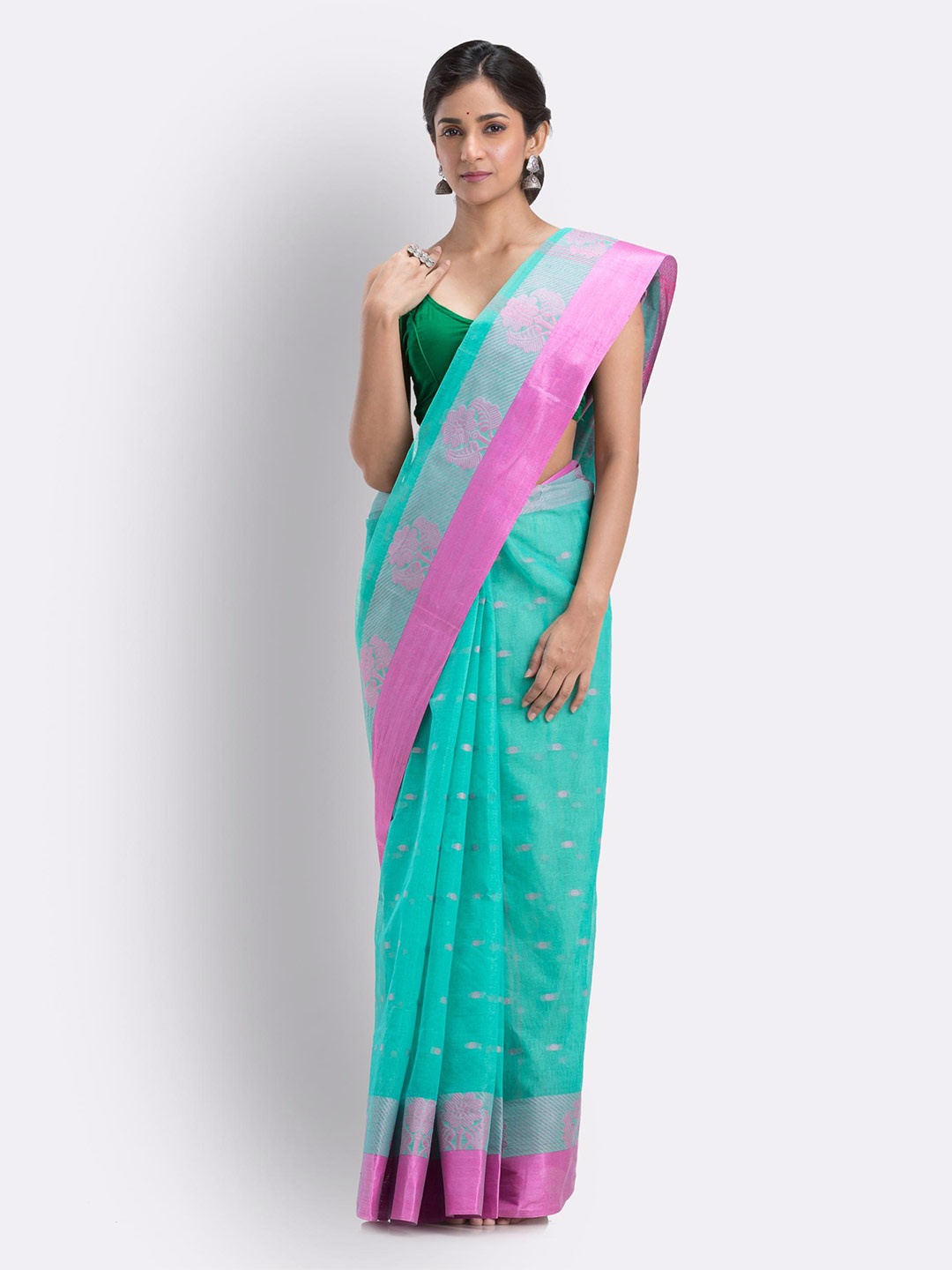 

Angoshobha Floral Woven Design Pure Cotton Taant Saree, Turquoise blue
