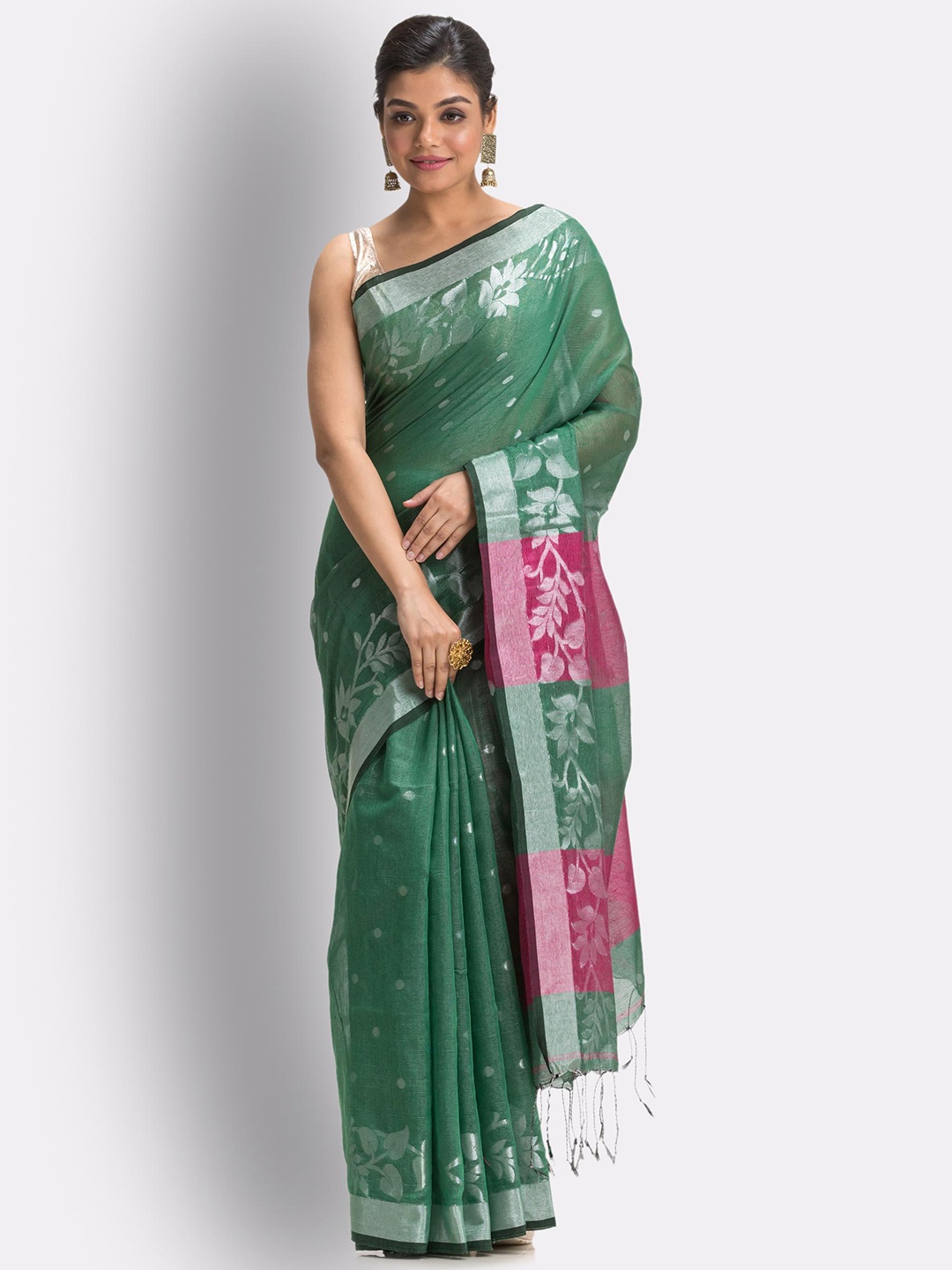 

Angoshobha Floral Woven Design Zari Saree, Green