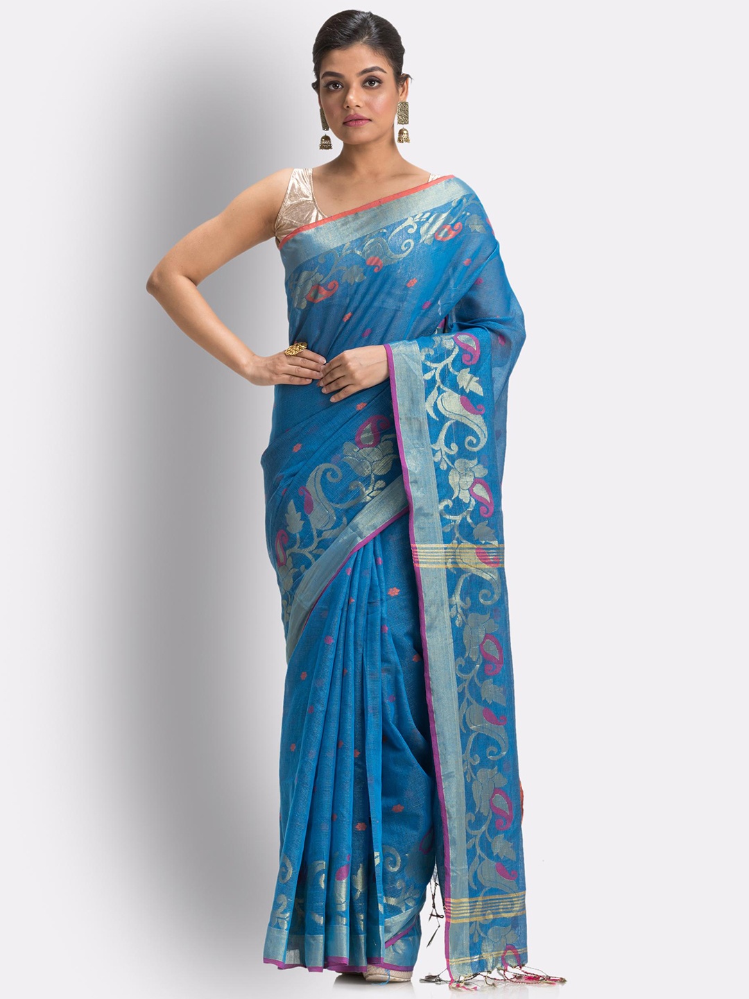 

Angoshobha Ethnic Motifs Woven Design Zari Saree, Blue