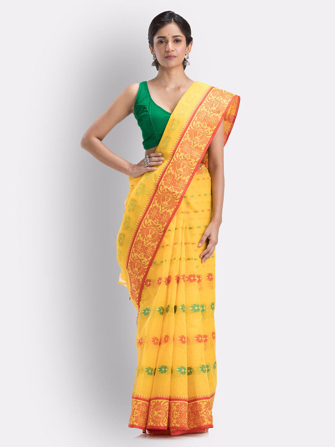 

Angoshobha Ethnic Motifs Woven Design Pure Cotton Saree, Yellow