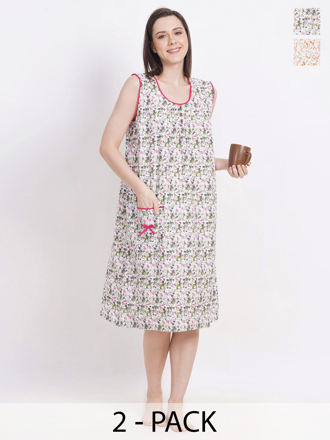 

Breezly Pack Of 2 Floral Printed Sleeveless Pure Cotton Midi Nightdress, White