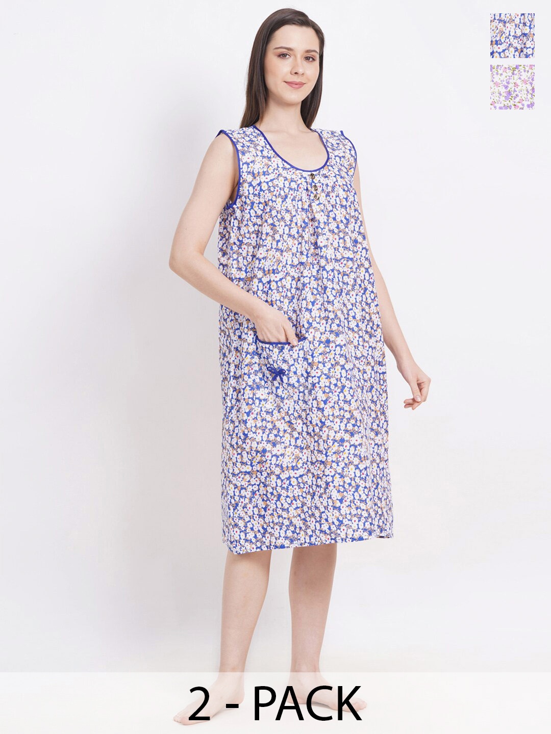 

Breezly Pack Of 2 Floral Printed Sleeveless Pure Cotton Midi Nightdress, White
