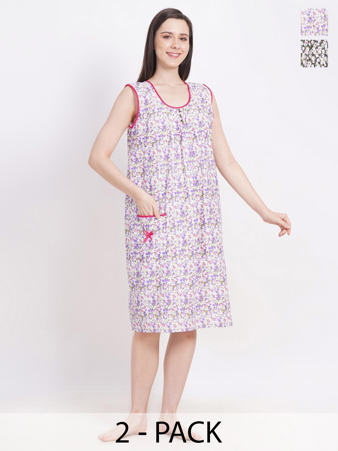 

Breezly Pack Of 2 Floral Printed Sleeveless Pure Cotton Midi Nightdress, Green