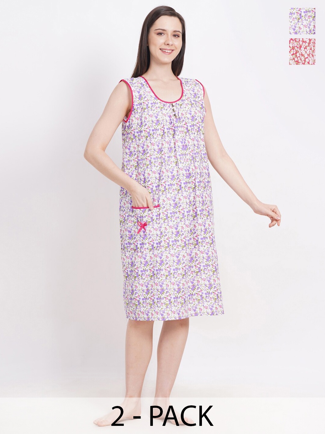 

Breezly Pack Of 2 Floral Printed Sleeveless Pure Cotton Midi Nightdress, White
