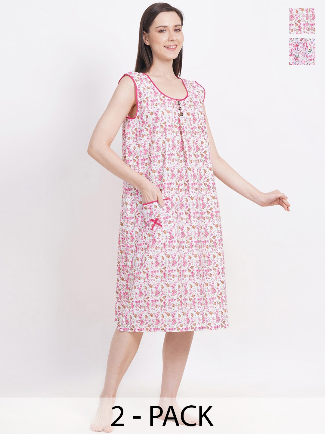 

Breezly Pack Of 2 Floral Printed Sleeveless Pure Cotton Midi Nightdress, White