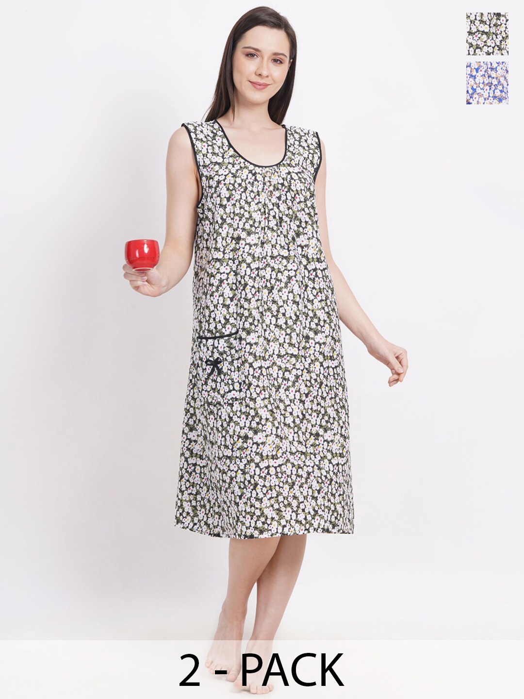 

Breezly Pack Of 2 Printed Pure Cotton Nightdress, Blue