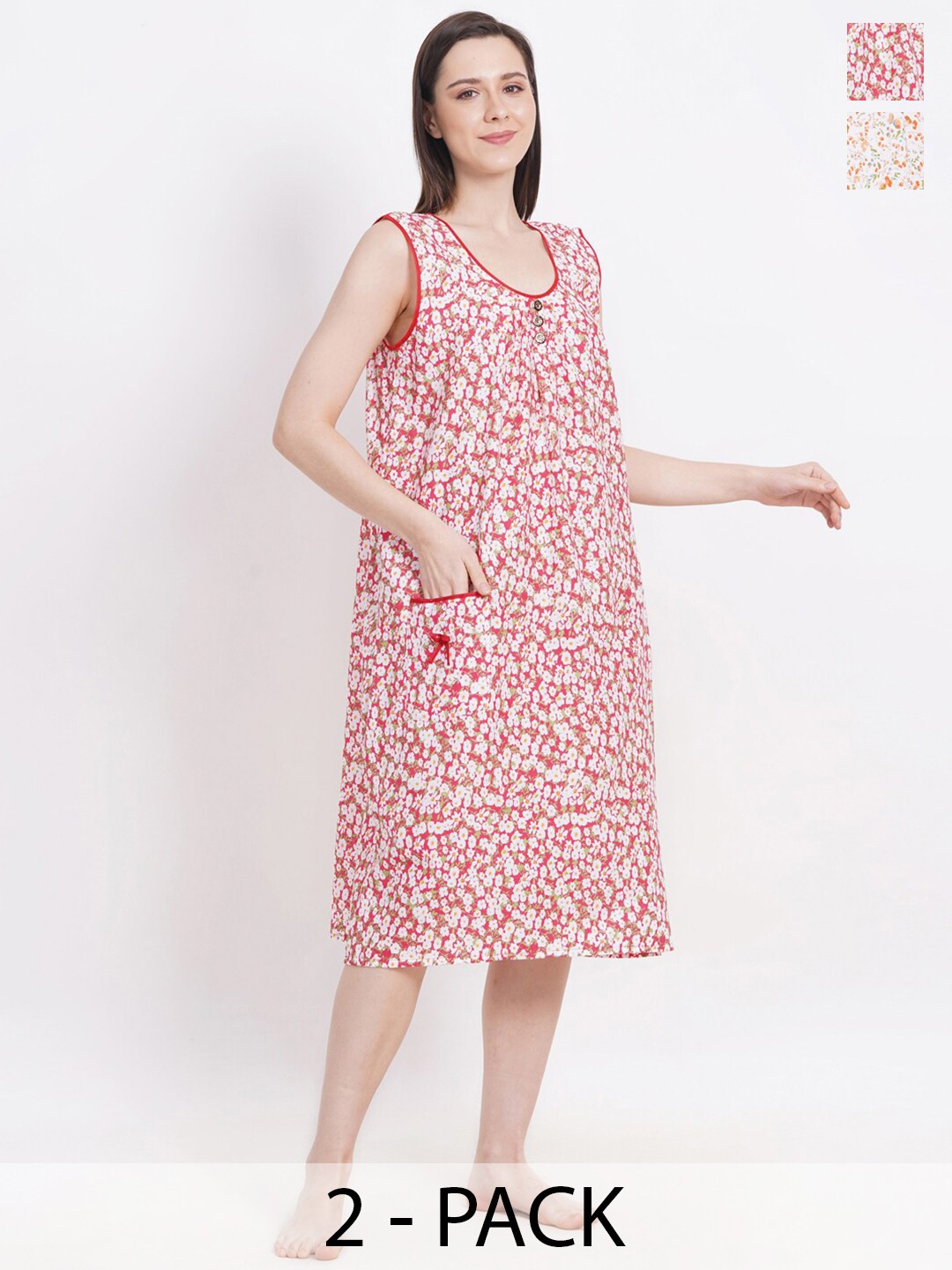 

Breezly Pack Of 2 Printed Pure Cotton Nightdress, Orange