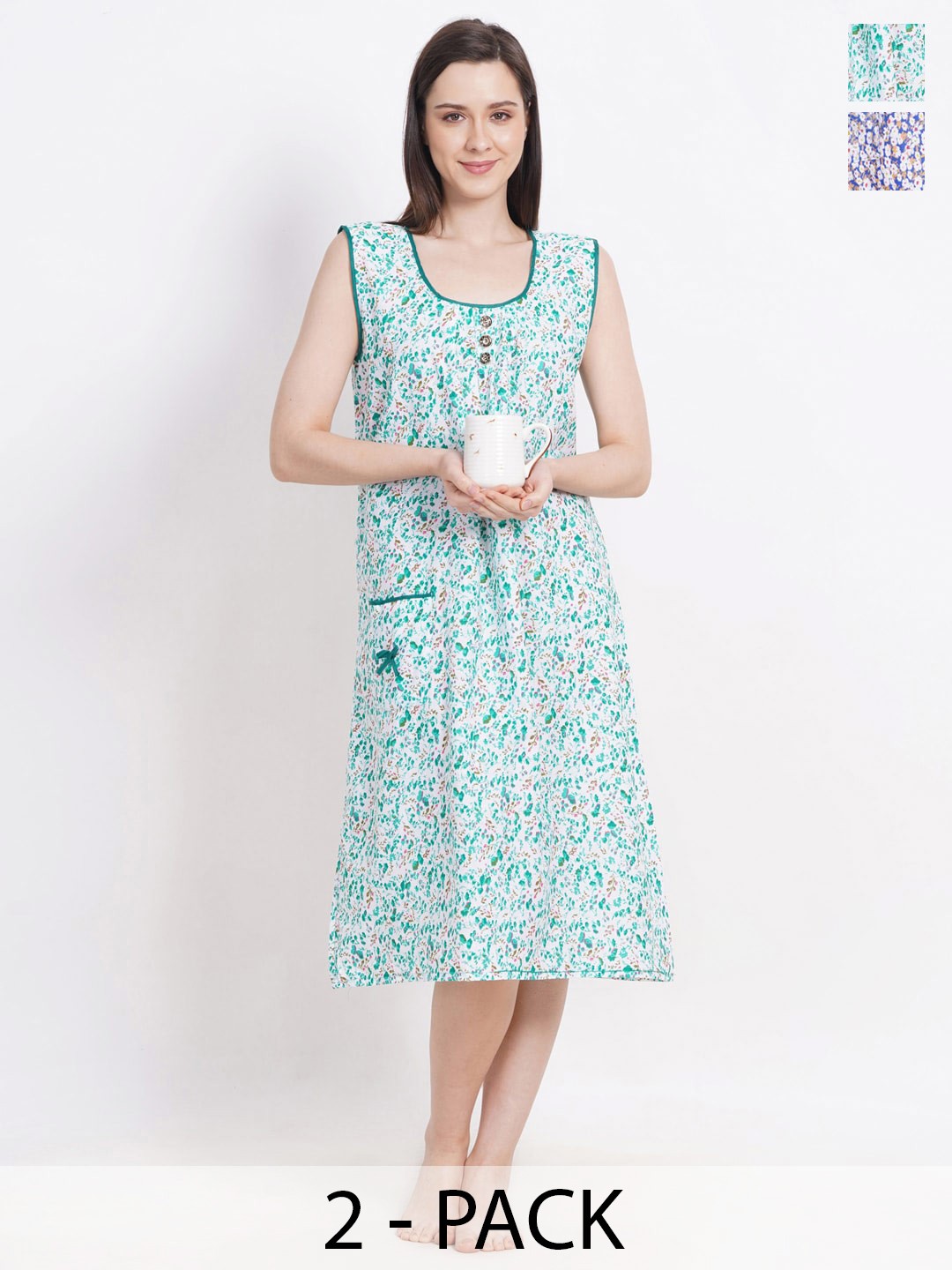 

Breezly Pack Of 2 Printed Pure Cotton Nightdress, Blue