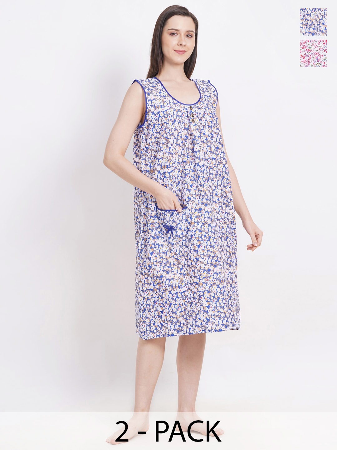

Breezly Pack of 2 Floral Printed Pure Cotton Midi Nightdress, Blue