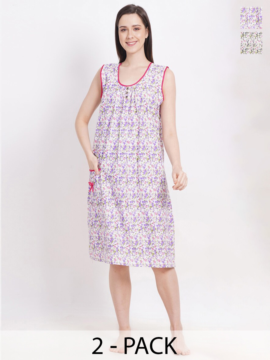 

Breezly Pack of 2 Floral Printed Pure Cotton Midi Nightdress, White