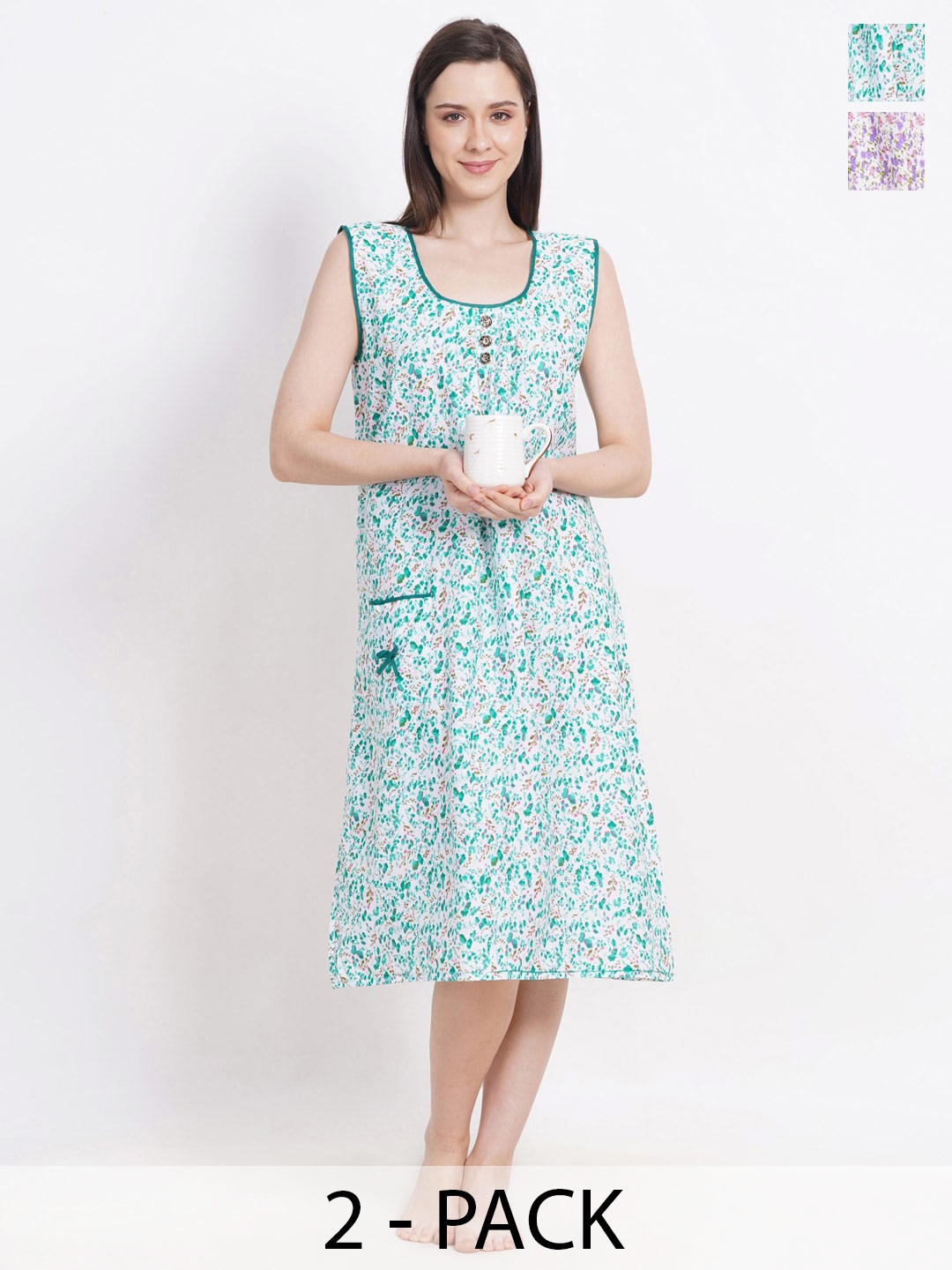 

Breezly Pack of 2 Floral Printed Pure Cotton Midi Nightdress, Pink