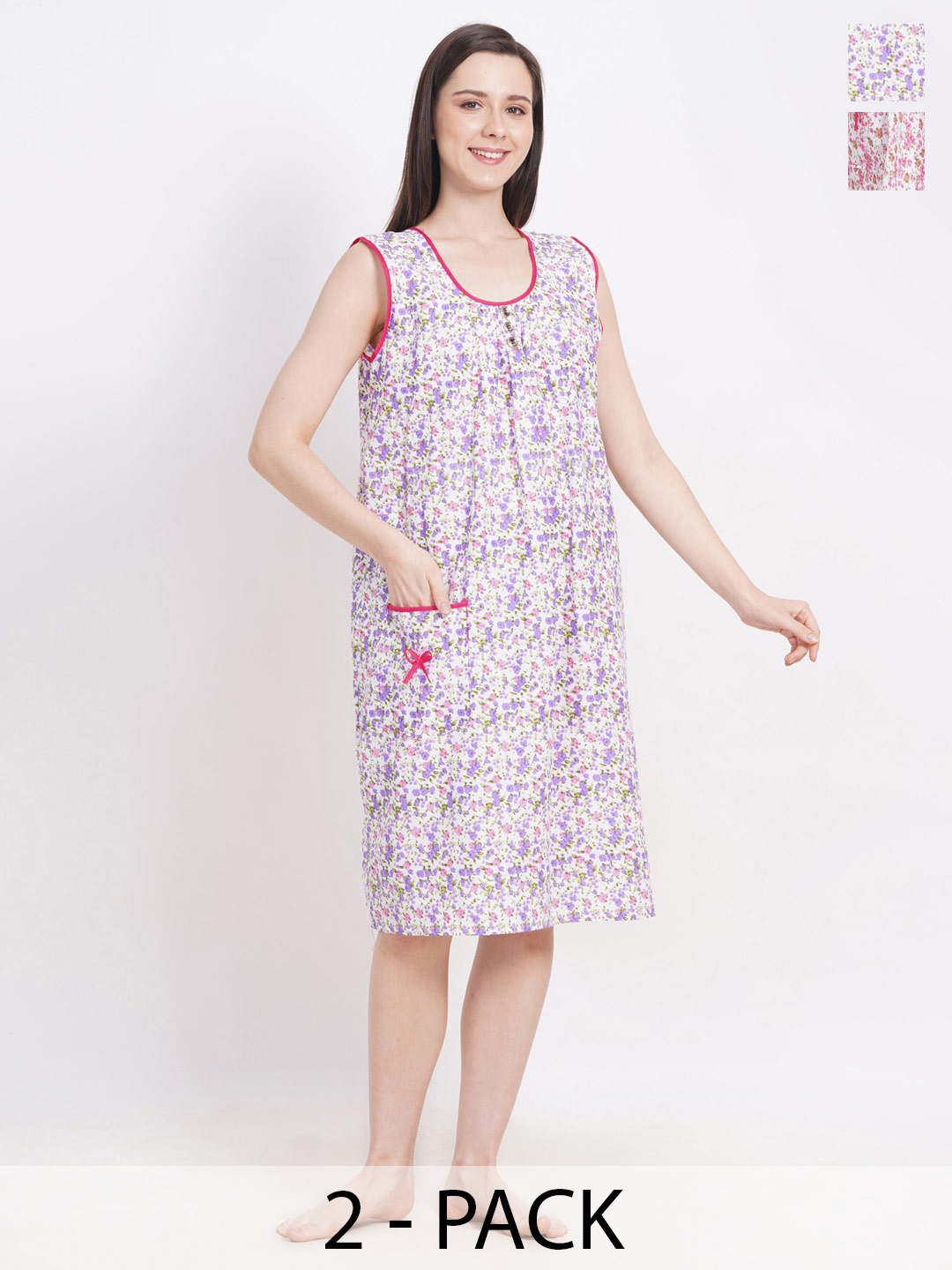 

Breezly Pack of 2 Floral Printed Pure Cotton Midi Nightdress, Pink