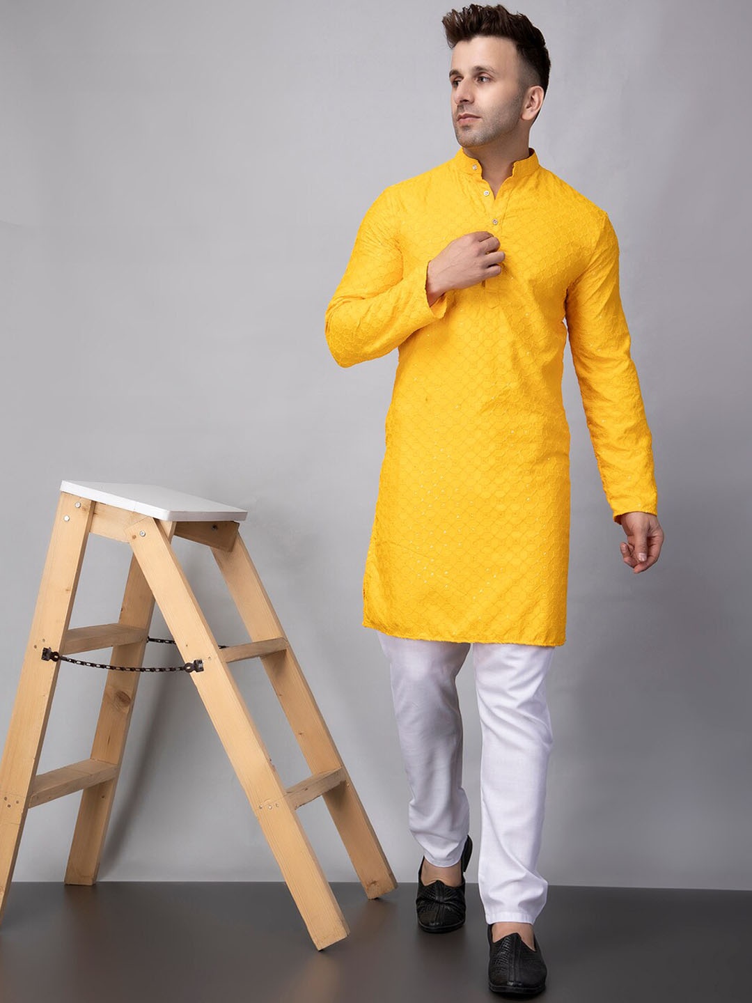 

Hangup Yellow Sequin Chifley Regular Kurta with Pyjamas