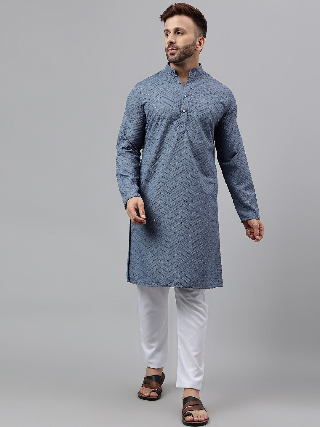 

Hangup Embroidered Sequins Mandarin Collar Straight Kurta with Pyjama, Grey melange