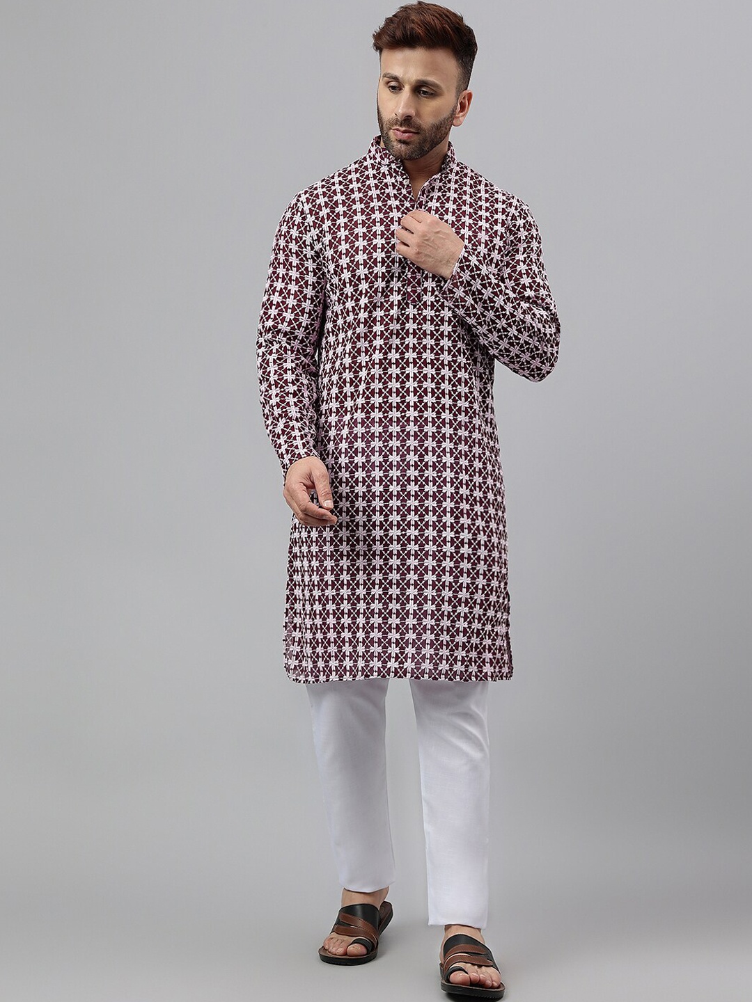 

hangup plus Geometric Sequinned Embroidered Regular Kurta With Pyjamas, Maroon