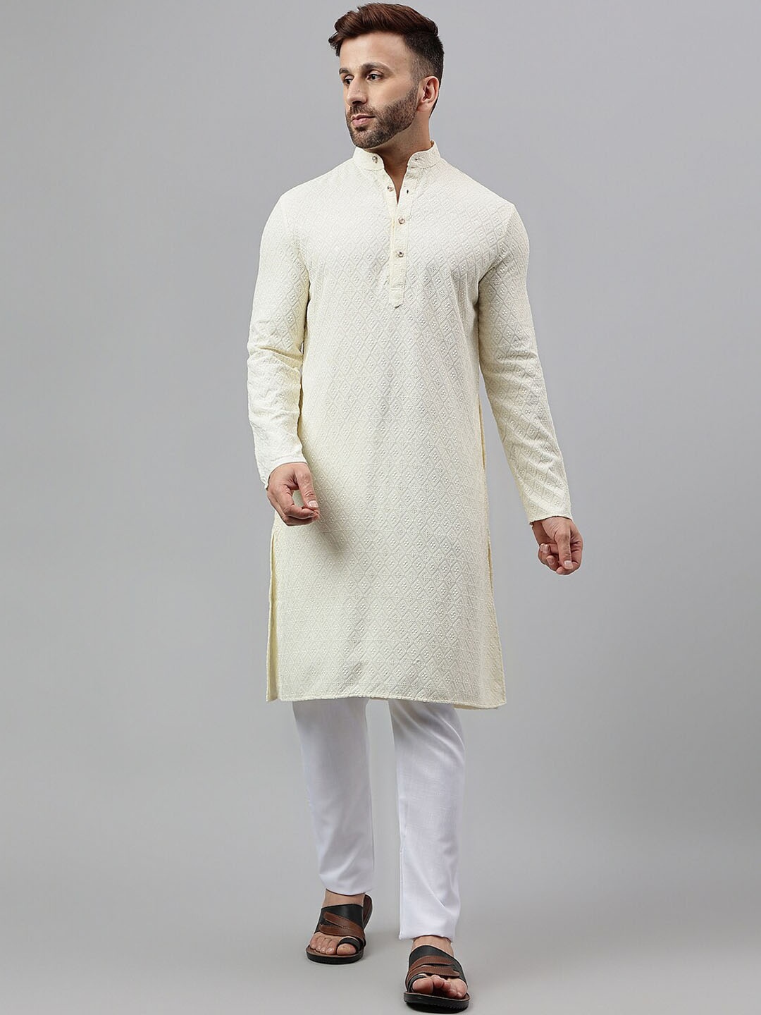 

hangup plus Chikankari Embroidered Straight Kurta with Pyjamas, Cream