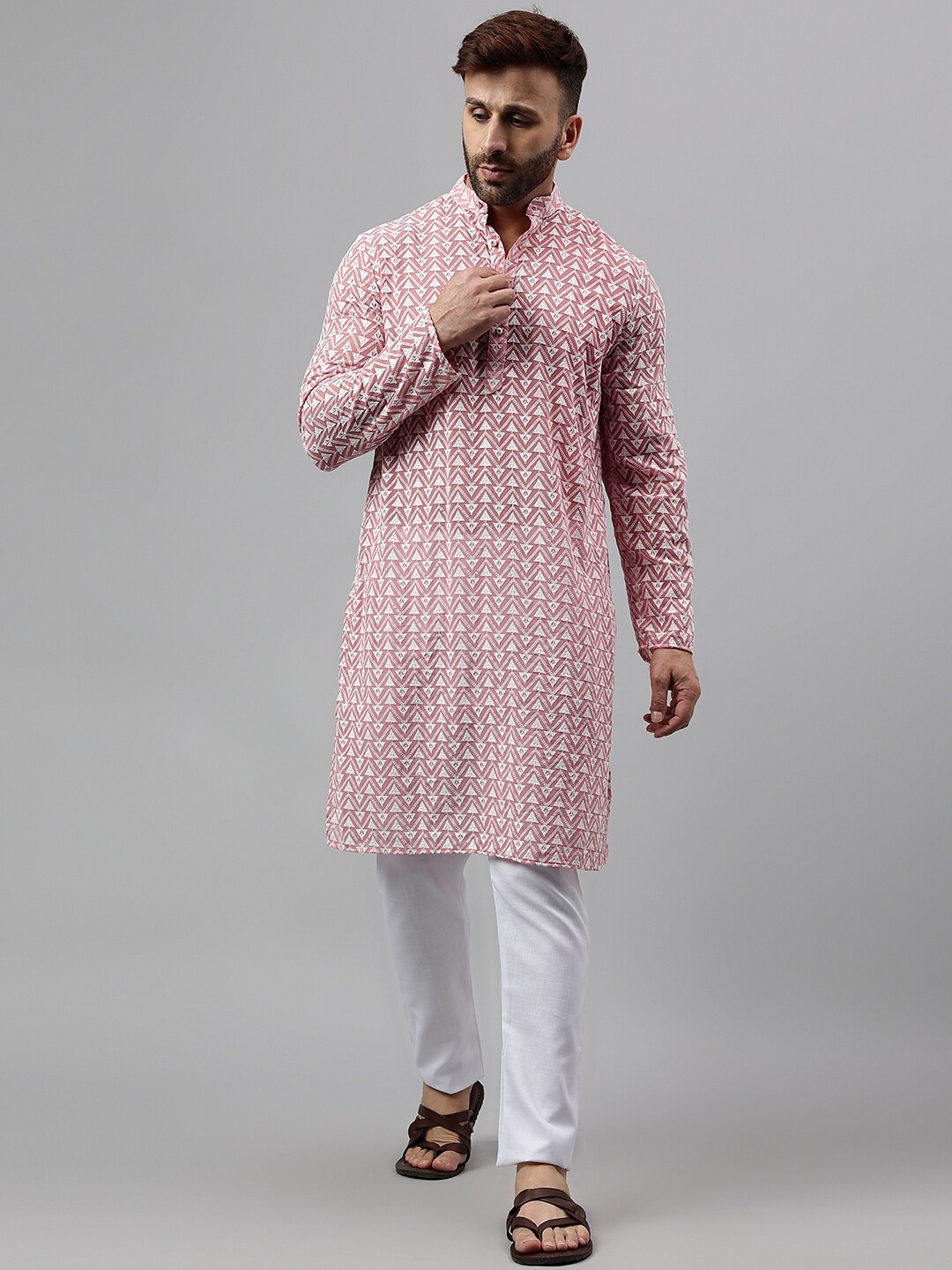 

hangup plus Geometric Mandarin Collar Full Sleeves Thread work Straight Kurta with Pyjamas, Pink