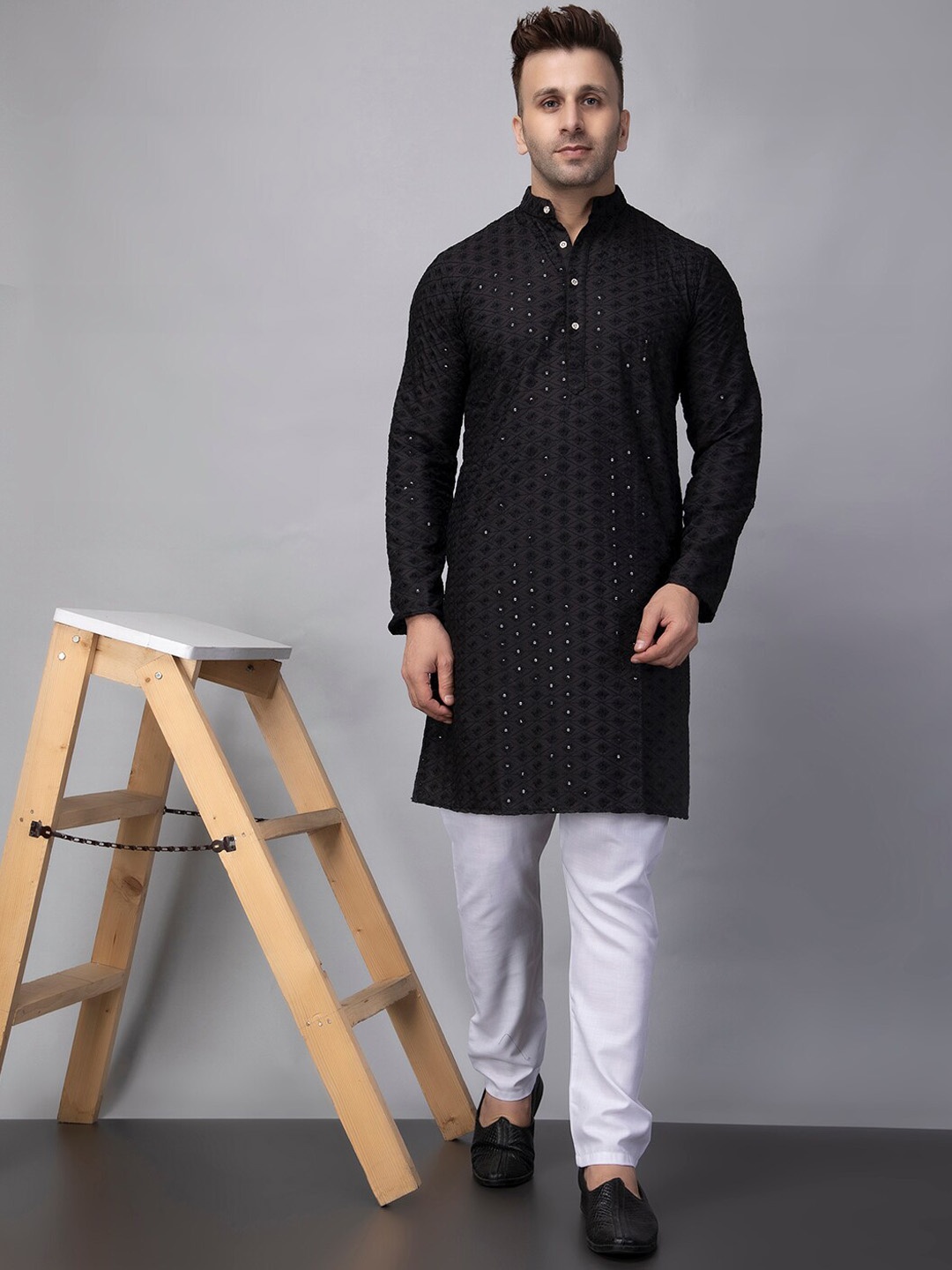 

hangup plus Sequin Chifley Regular Kurta with Pyjamas, Black