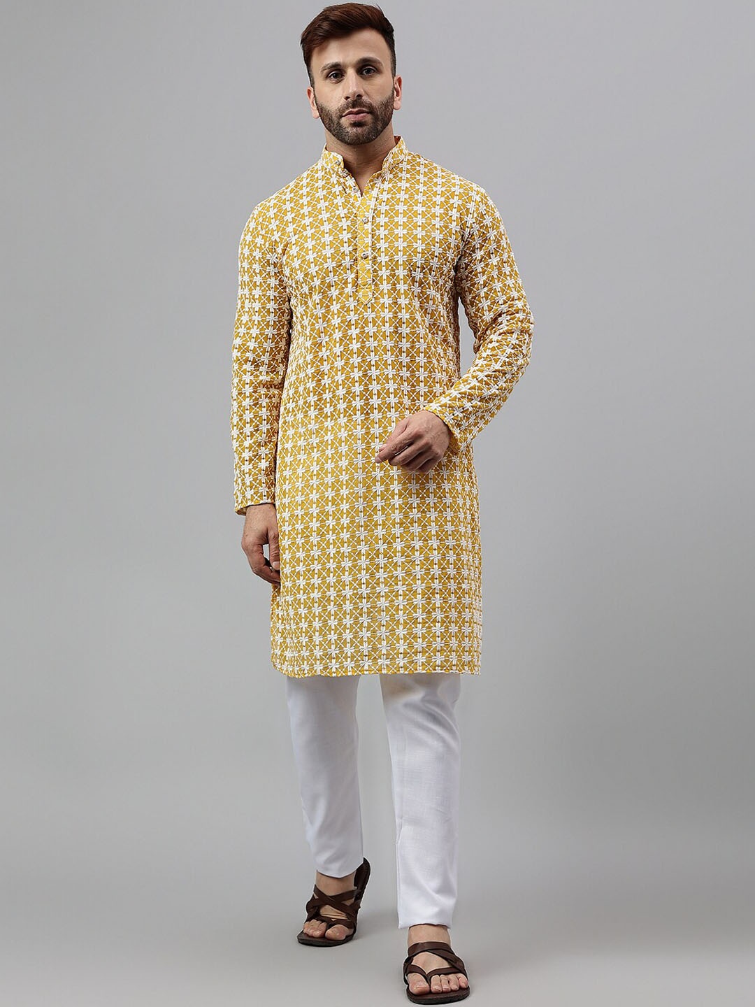 

hangup plus Sequin Chifley Regular Kurta with Pyjamas, Mustard