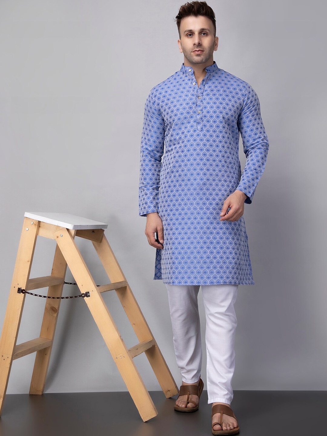 

hangup trend Regular Mandarin Collar Kurta with Pyjamas, Blue