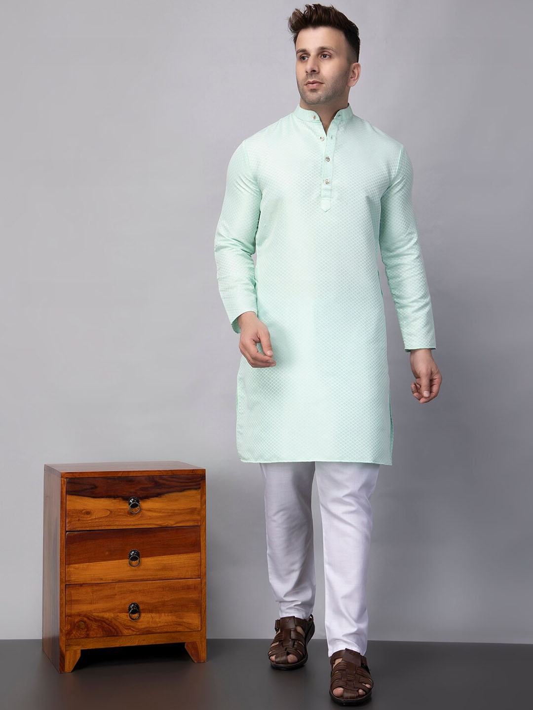 

hangup trend Woven Design Mandarin Collar Straight Kurta with Pyjamas, Blue