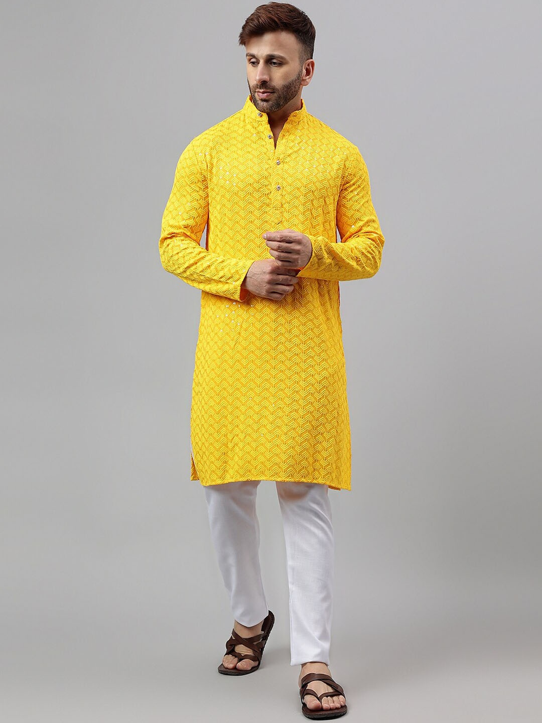 

hangup trend Geometric Embroidered Mandarin Collar Straight Kurta with Pyjamas, Yellow