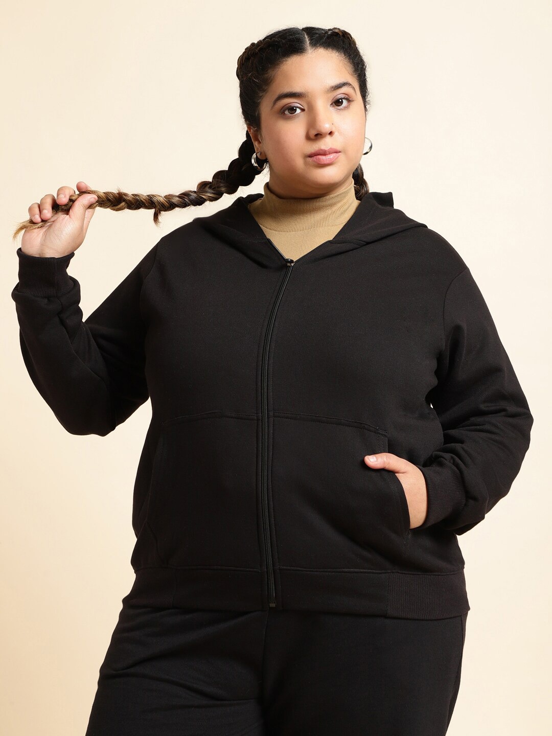 

UnaOne Plus Size Hooded Cotton Fleece Front-Open Sweatshirt, Black