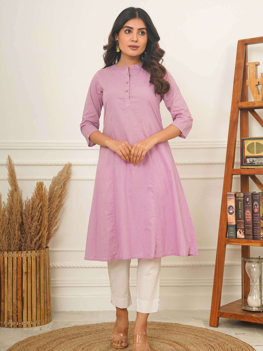 

Adveta Mandarin Collar A-Line Cotton Kurta, Pink